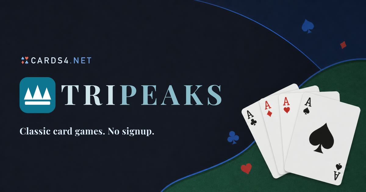 TriPeaks Solitaire artwork with the Cards4.net logo and four aces.
